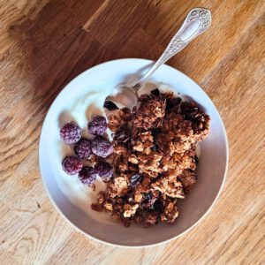 Das Schokogranola mit Jogurt oder Hafermilch servieren.